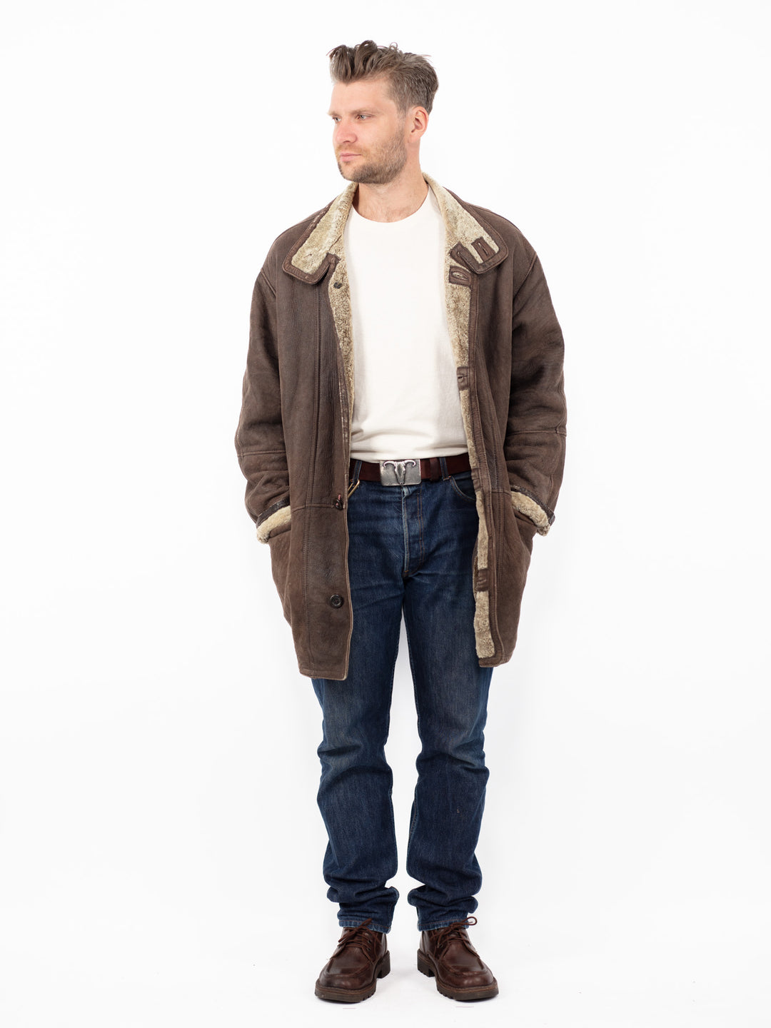 Vintage 90's Men Sheepskin Coat in BrownZ2574