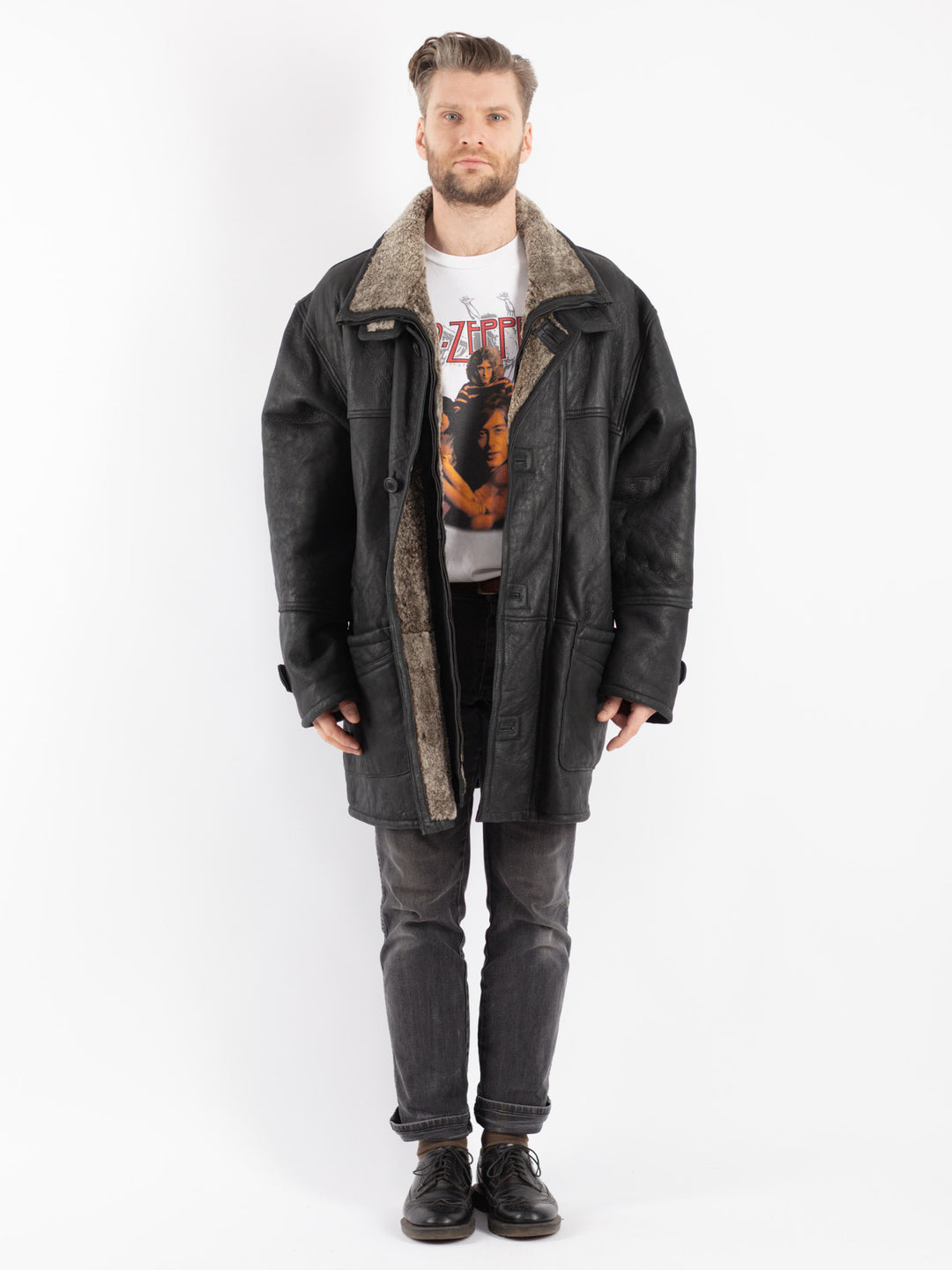 Vintage 90's Men Sheepskin Coat in Black