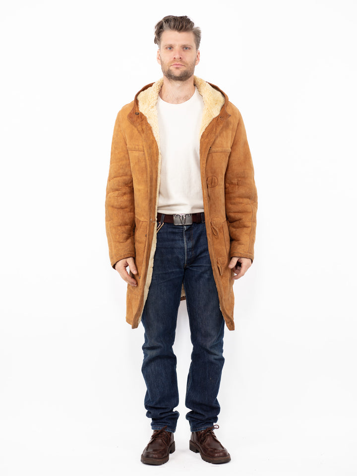 Vintage 90's Men Hooded Sheepskin Coat in Brown