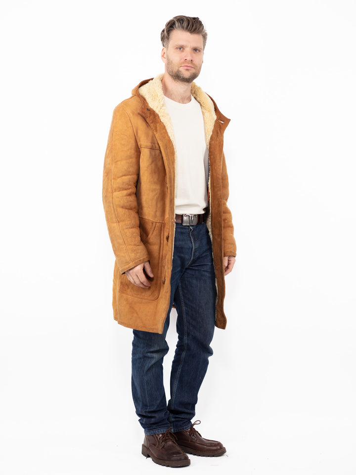 Vintage 90's Men Hooded Sheepskin Coat in Brown