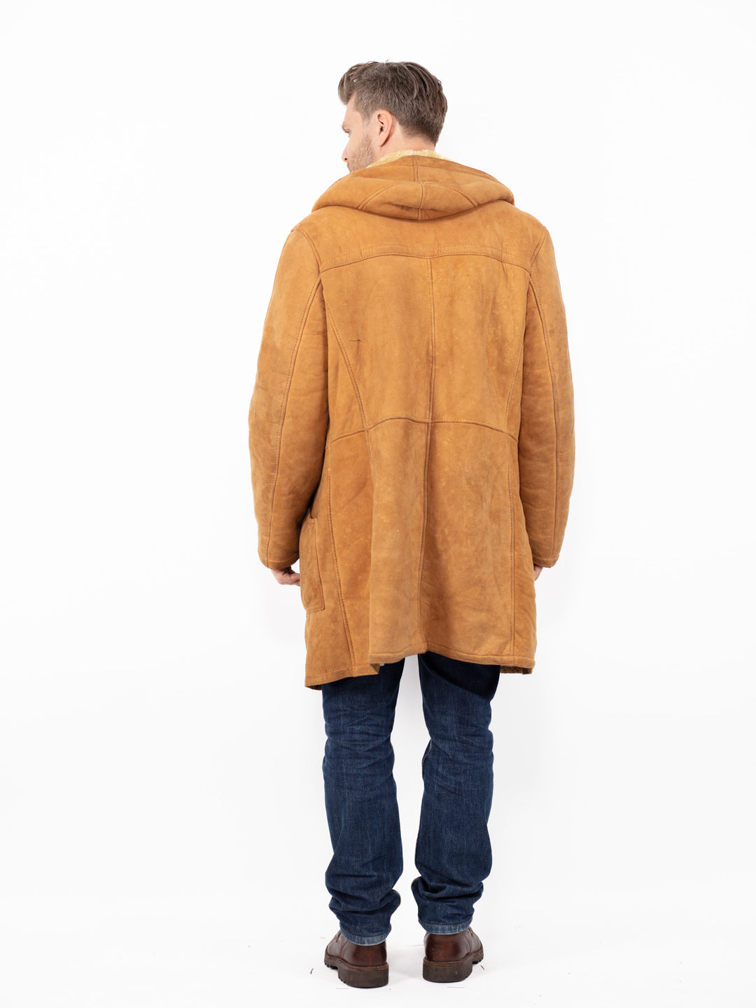 Vintage 90's Men Hooded Sheepskin Coat in Brown