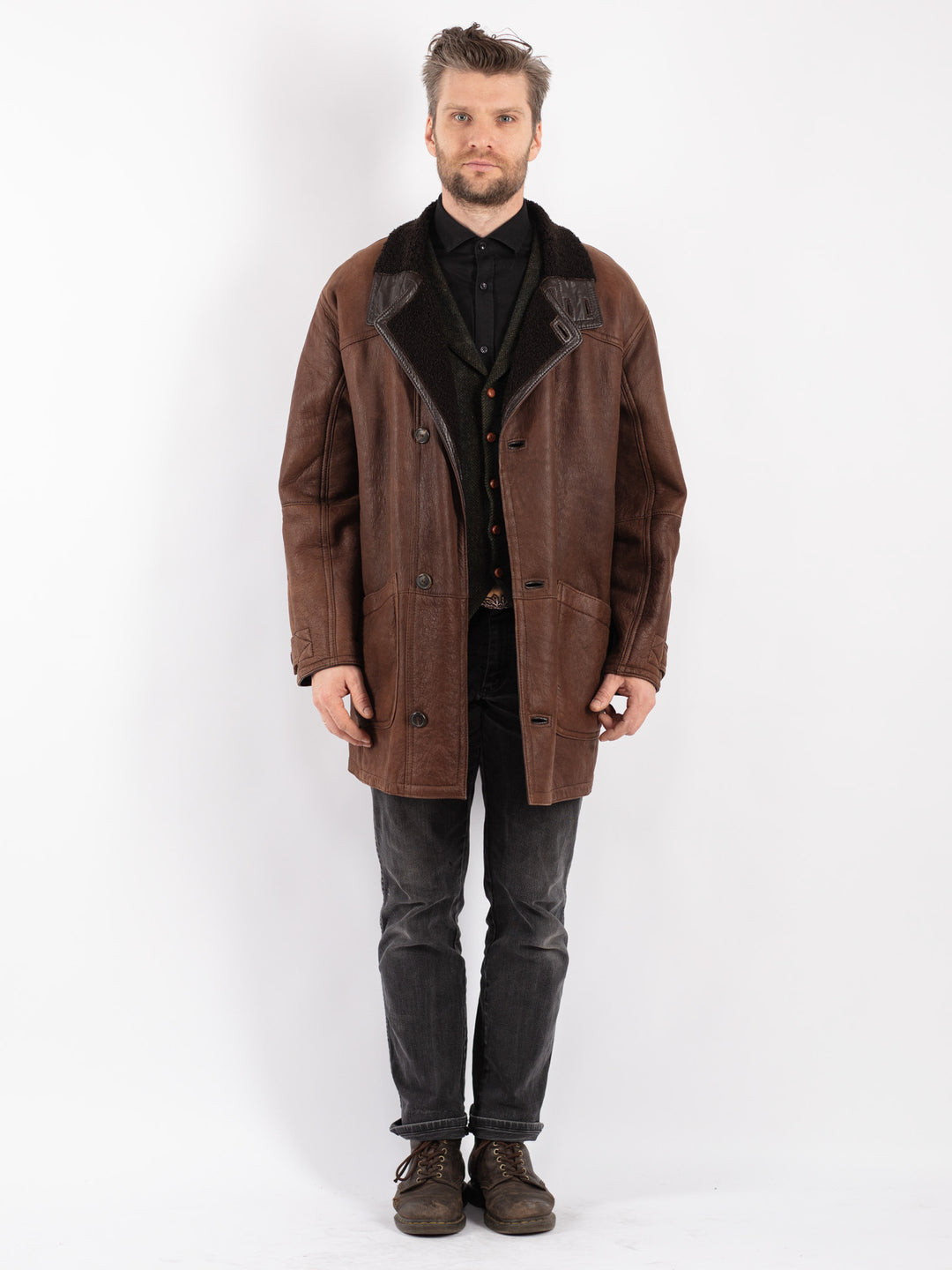 Vintage 90's Men Sheepskin Coat in Brown