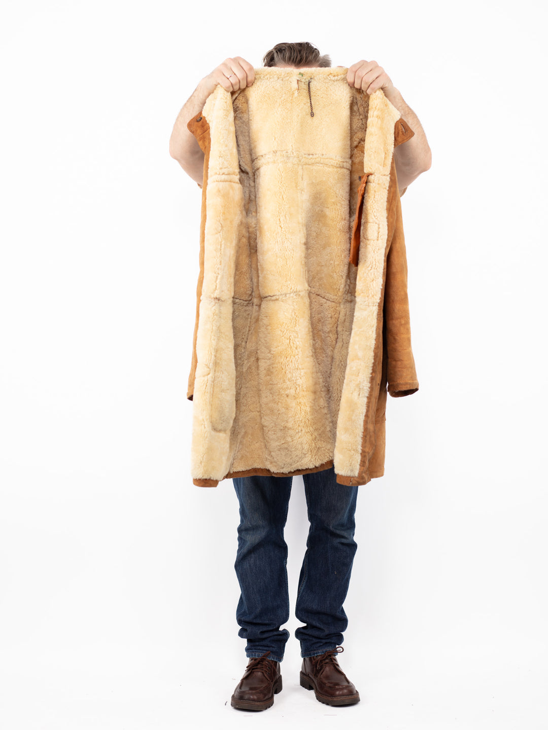 Vintage 90's Men Hooded Sheepskin Coat in Brown