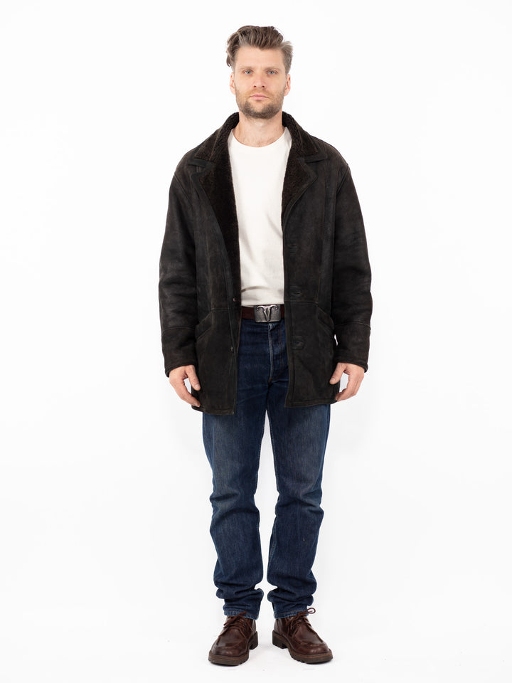 Vintage 90's Men Sheepskin Coat in Faded Black