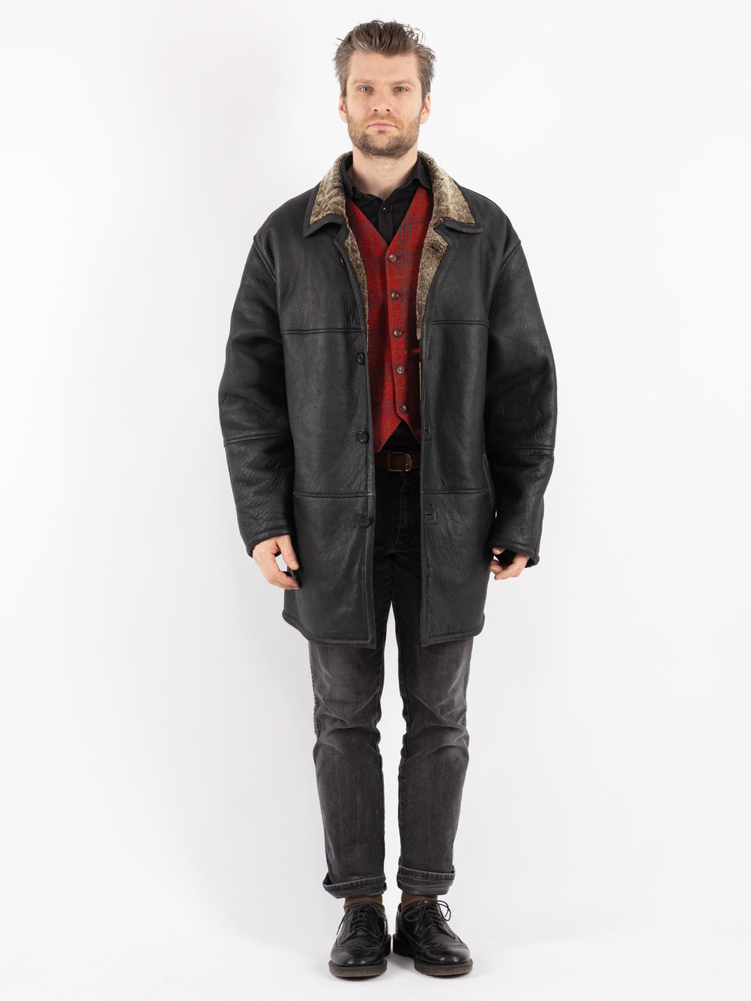 Vintage 90's Men Sheepskin Coat in Black