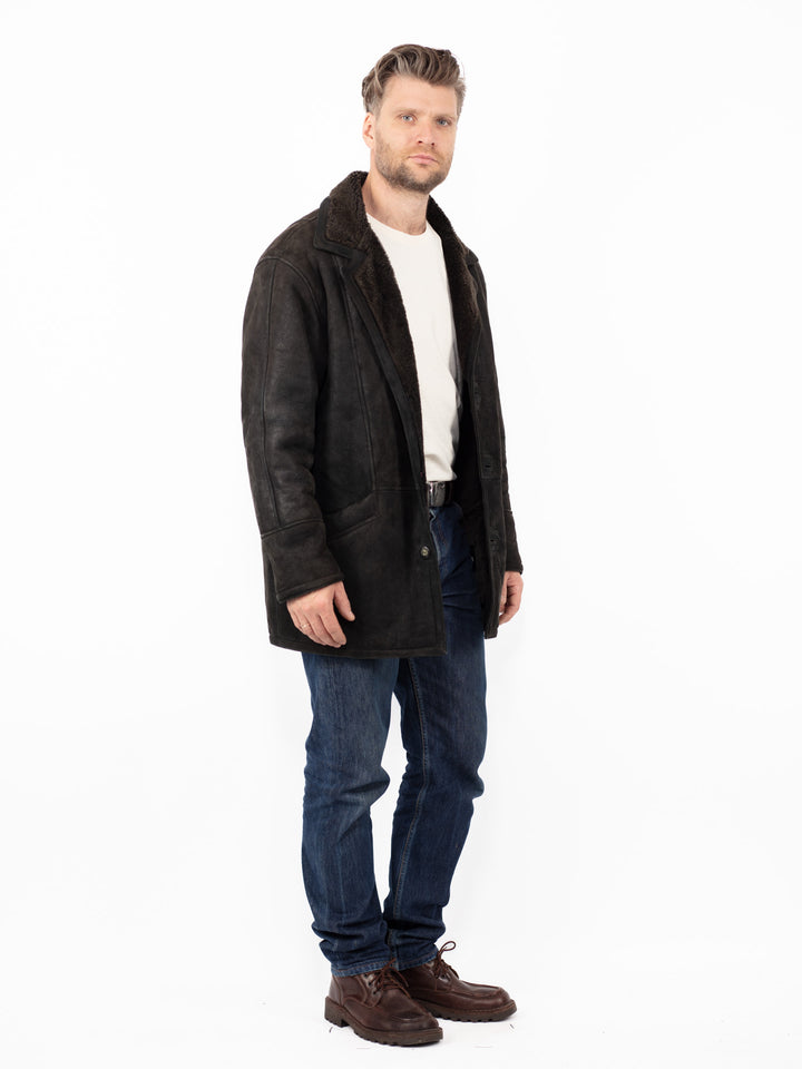 Vintage 90's Men Sheepskin Coat in Faded Black