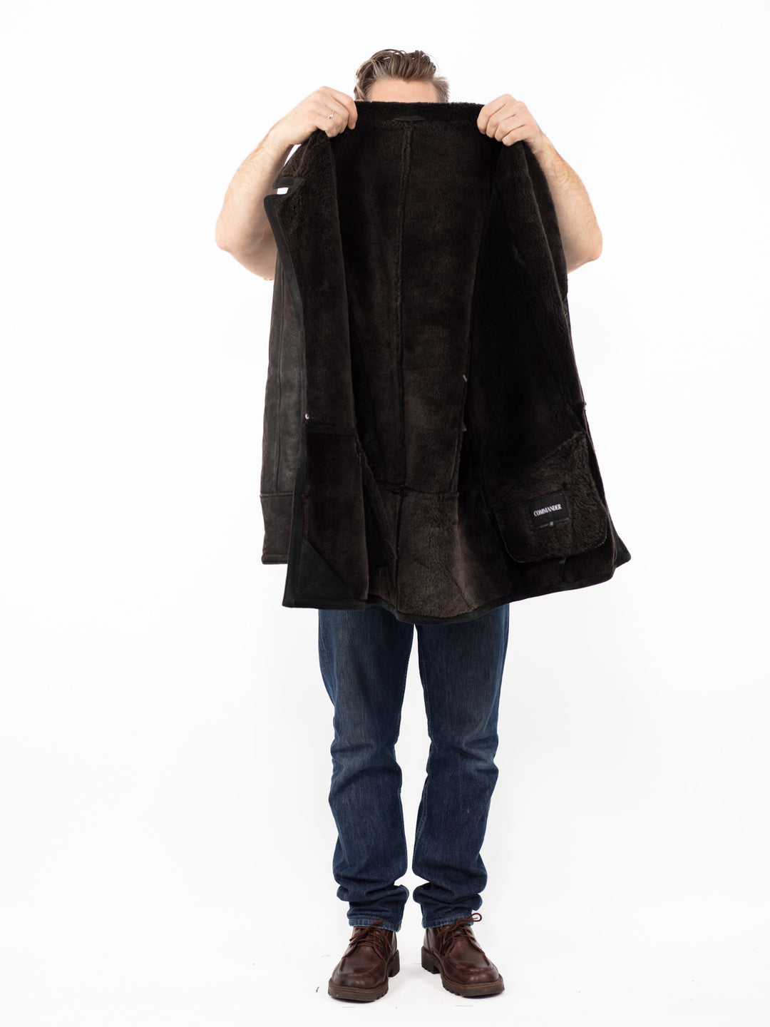 Vintage 90's Men Sheepskin Coat in Faded Black