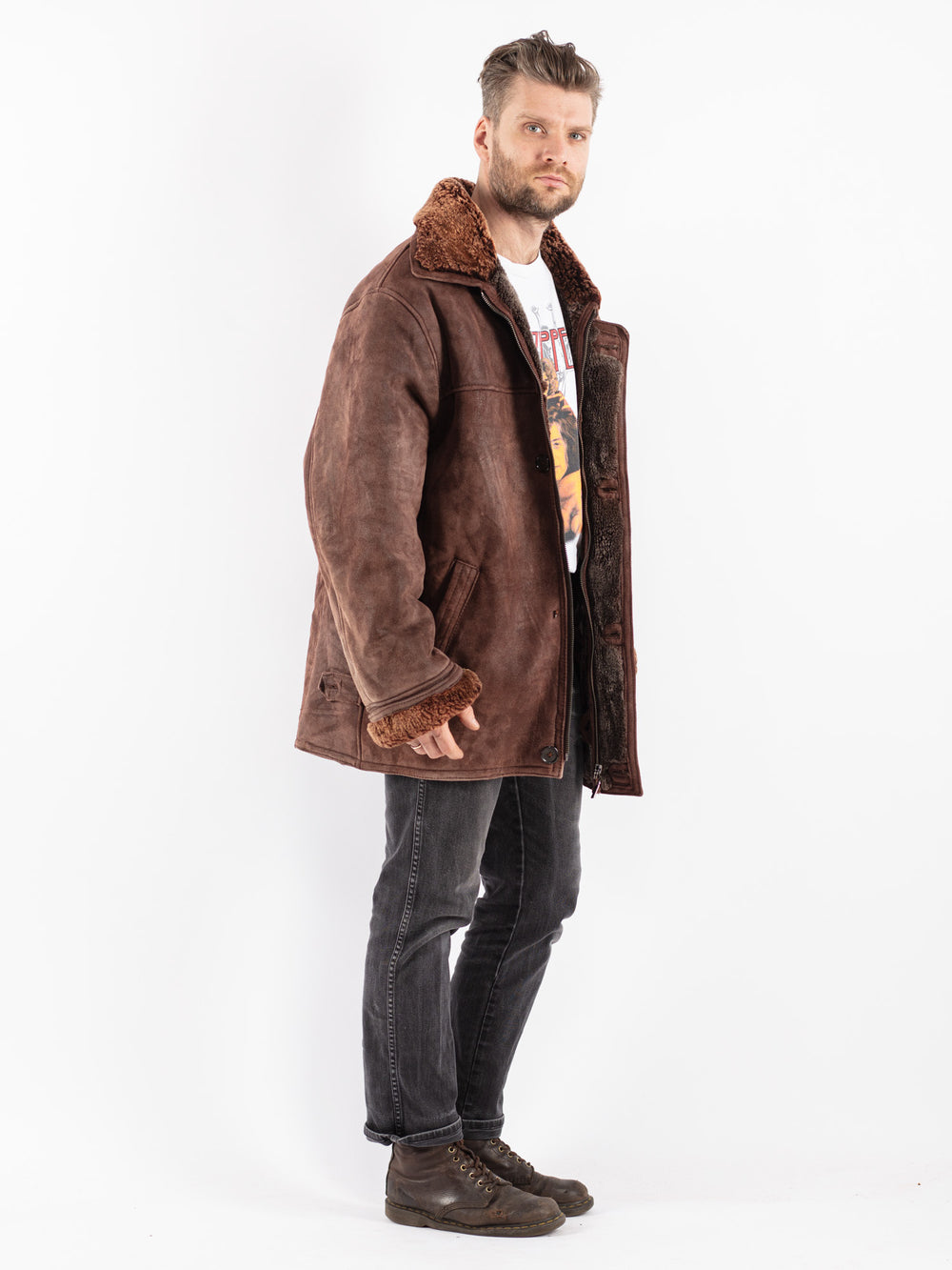 Vintage 90's Men Sheepskin Coat in Brown