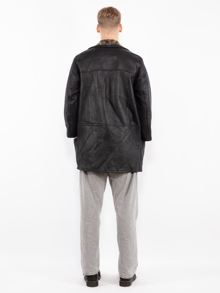 Vintage 90's Men Sheepskin Leather Coat in Black