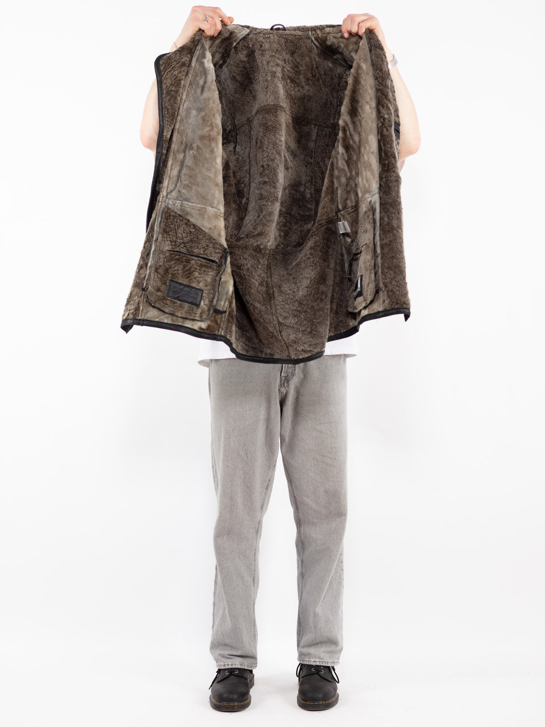 Vintage 90's Men Sheepskin Leather Coat in Black