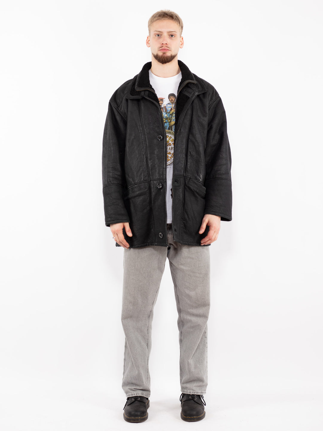 Vintage 90's Men Sheepskin Coat in BlackZ2513