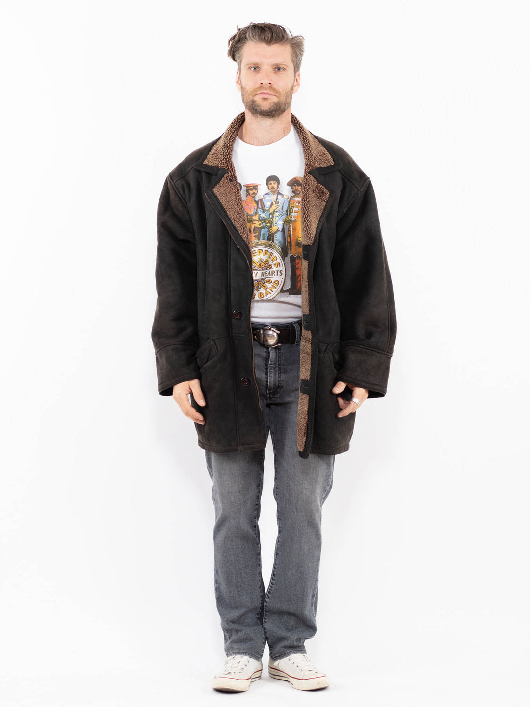 Vintage 90's Men Sheepskin Coat in BlackZ1983