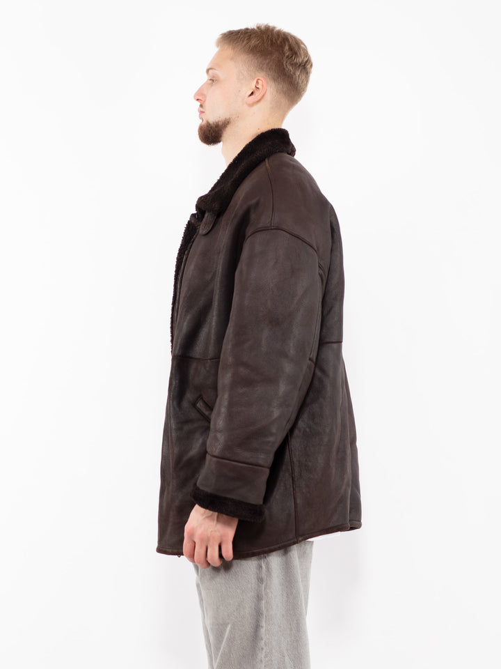 Vintage 90's Men Sheepskin Leather Coat in Brown