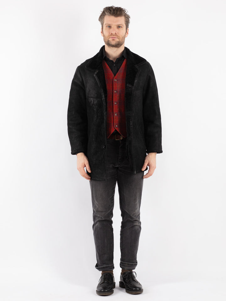 Vintage 90's Men Sheepskin Coat in Black
