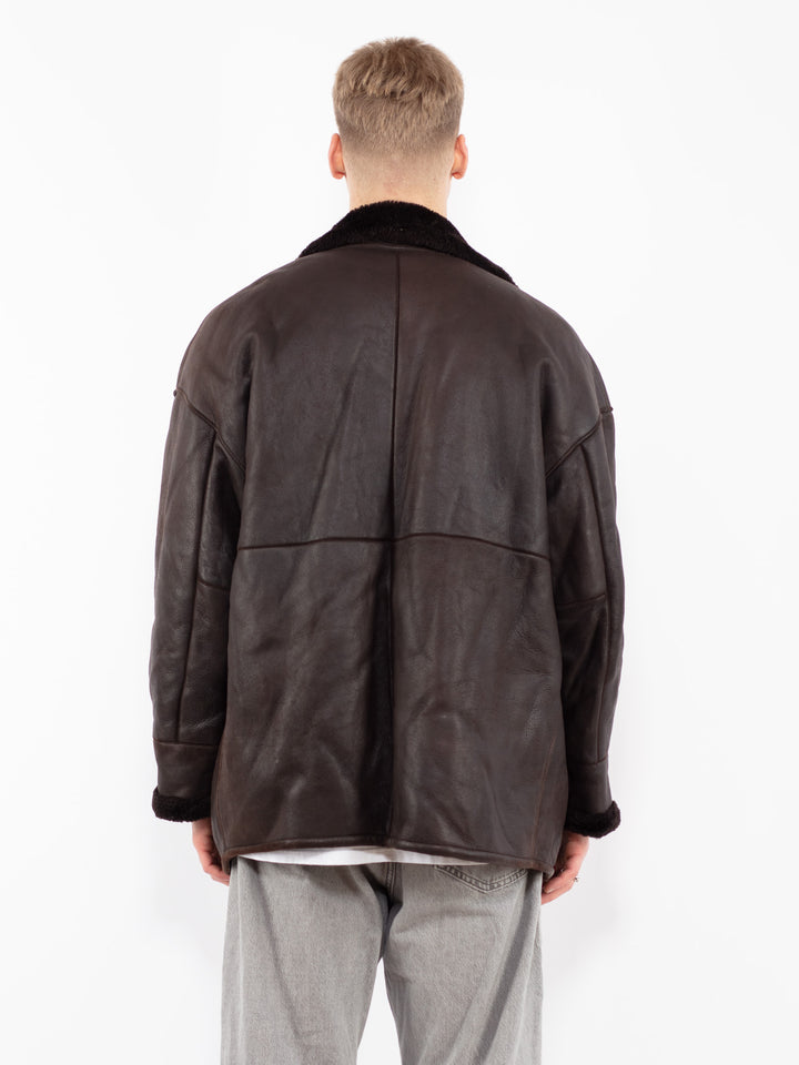 Vintage 90's Men Sheepskin Leather Coat in Brown