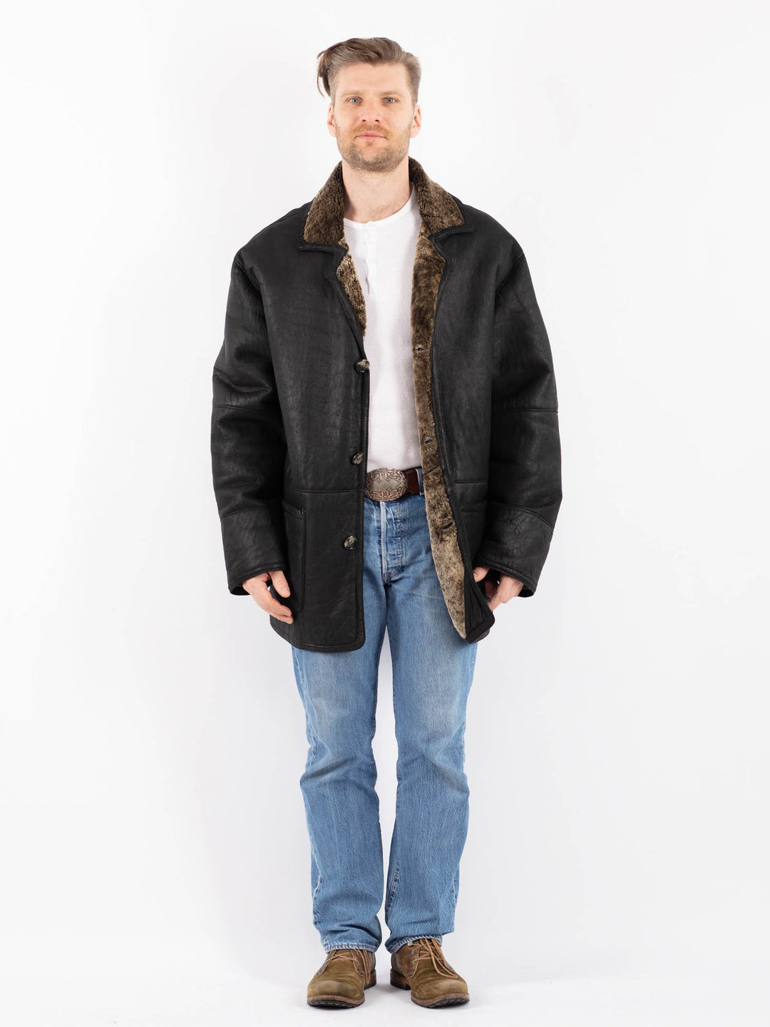 Vintage 90's Men Sheepskin Coat in BlackZ1436