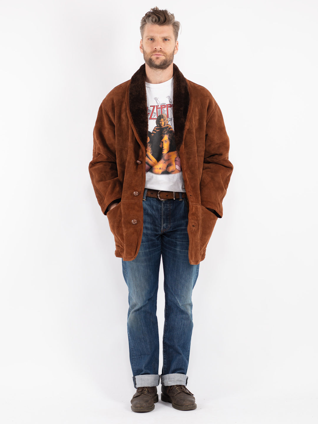 Vintage Men Sheepskin Shearling Coat in Brown