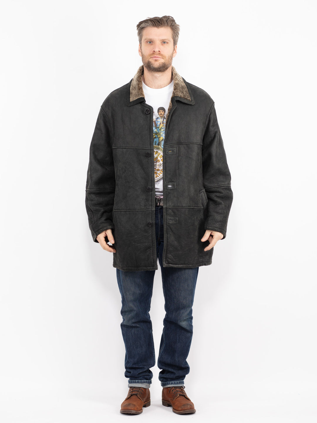 Vintage 90's Men Sheepskin Coat in BlackZ2716