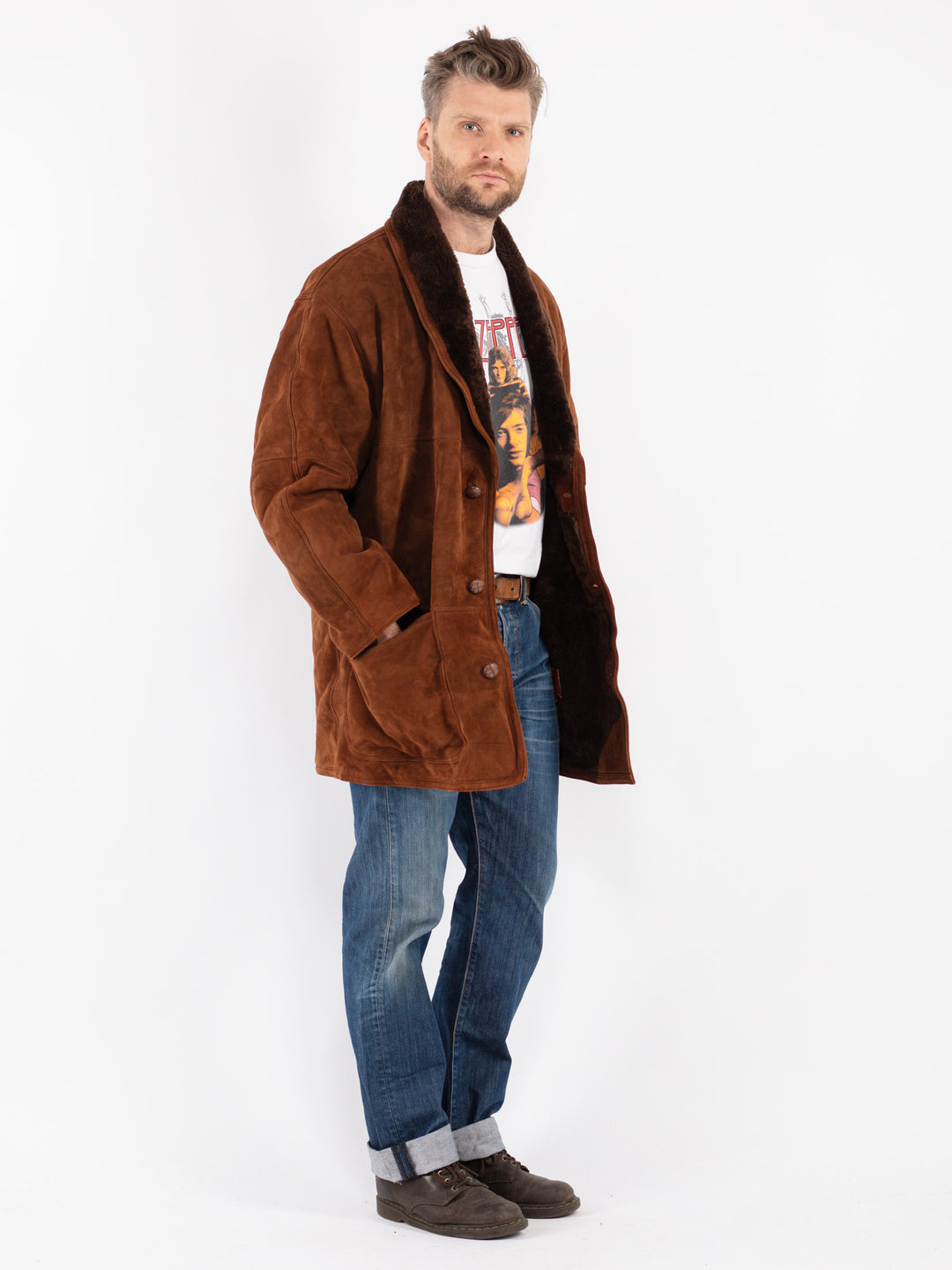 Vintage Men Sheepskin Shearling Coat in Brown