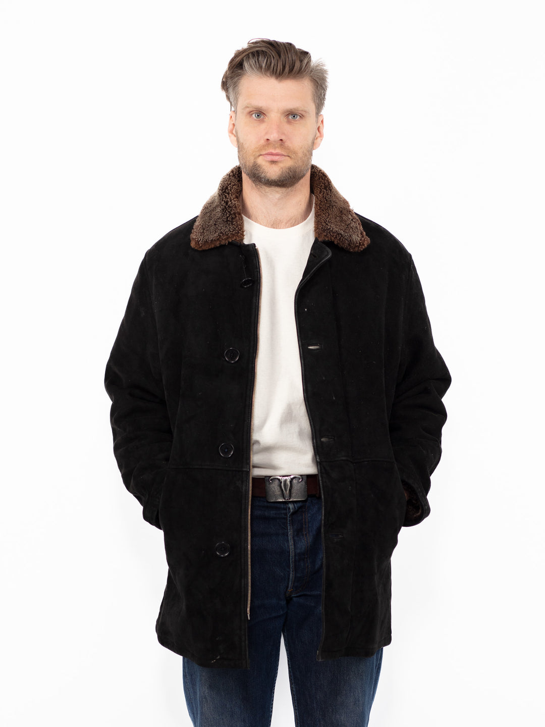 Vintage 90's Men Sheepskin Coat in BlackZ2580