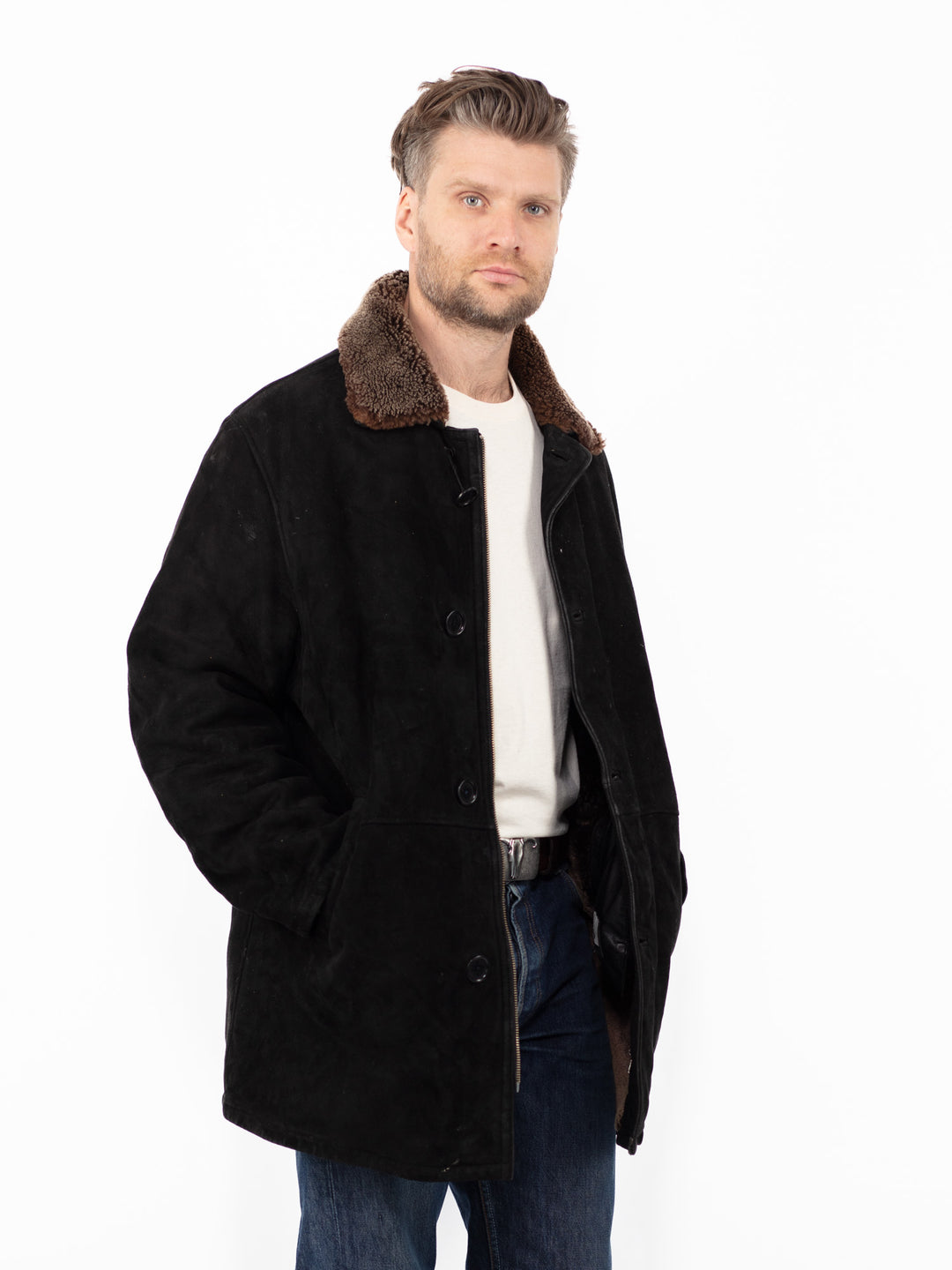 Vintage 90's Men Sheepskin Coat in BlackZ2580
