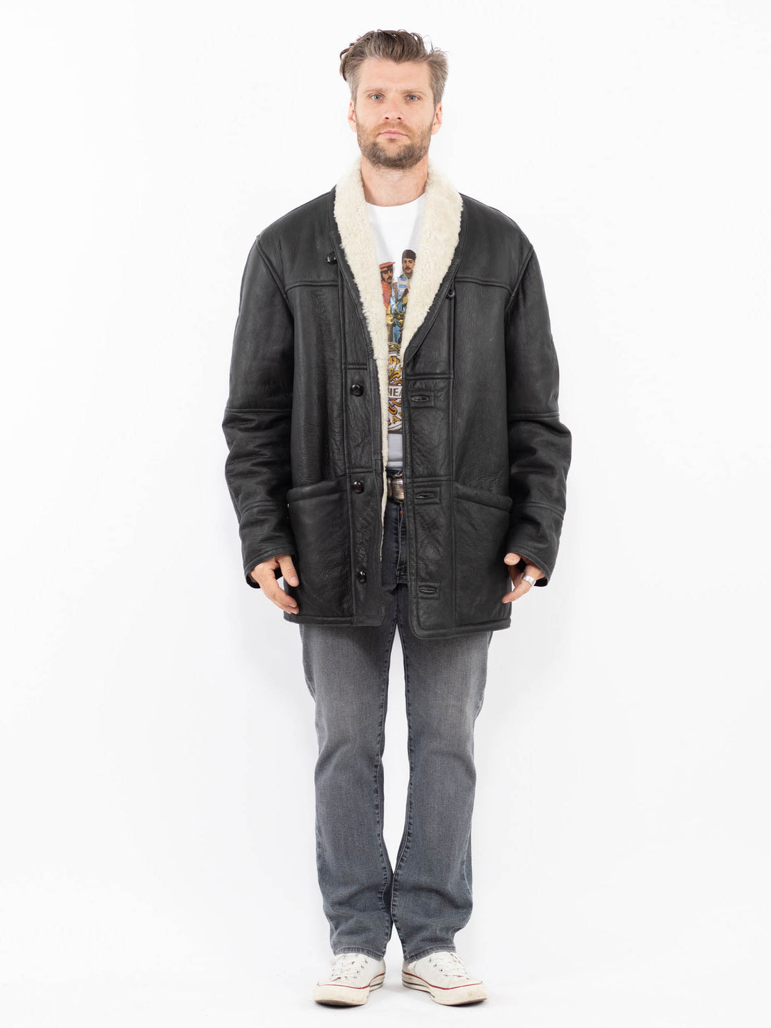 Vintage 90's Men Sheepskin Coat in BlackZ1989