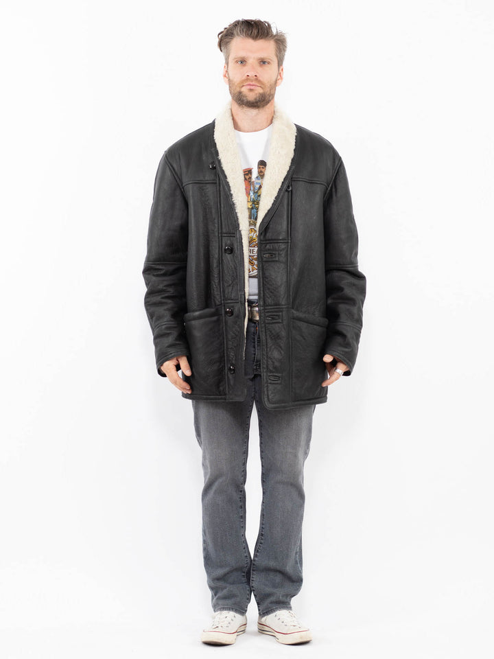 Vintage 90's Men Sheepskin Coat in BlackZ1989