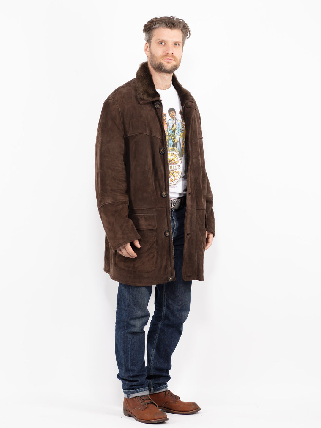 Vintage 90's Men Sheepskin Shearling Coat in BrownZ2721