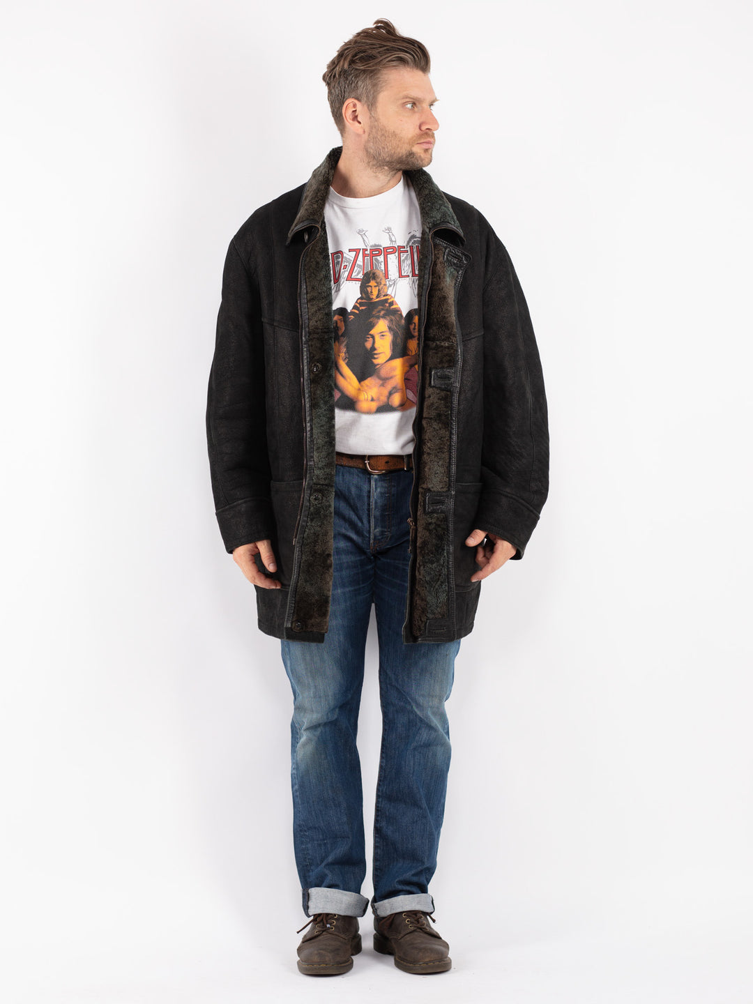 Vintage 90's Men Sheepskin Coat in Black