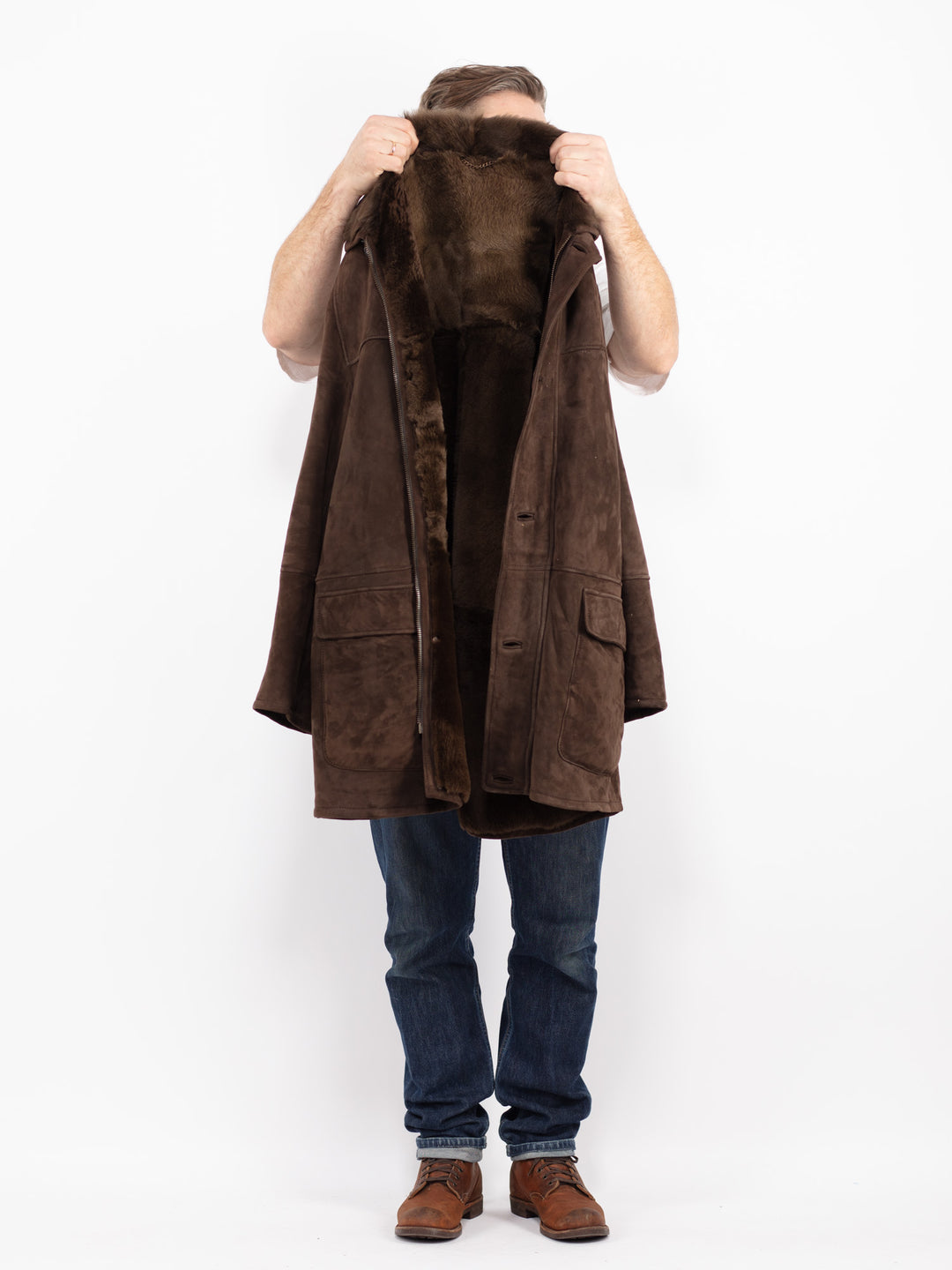 Vintage 90's Men Sheepskin Shearling Coat in BrownZ2721