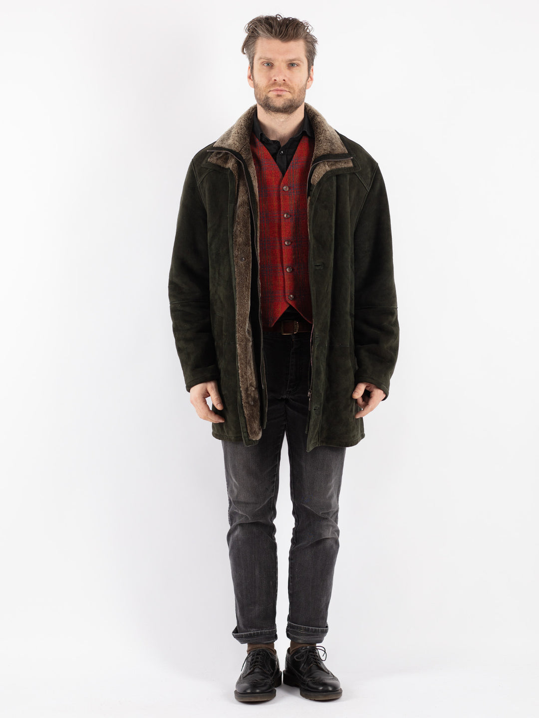 Vintage 90's Men Sheepskin Coat in Green