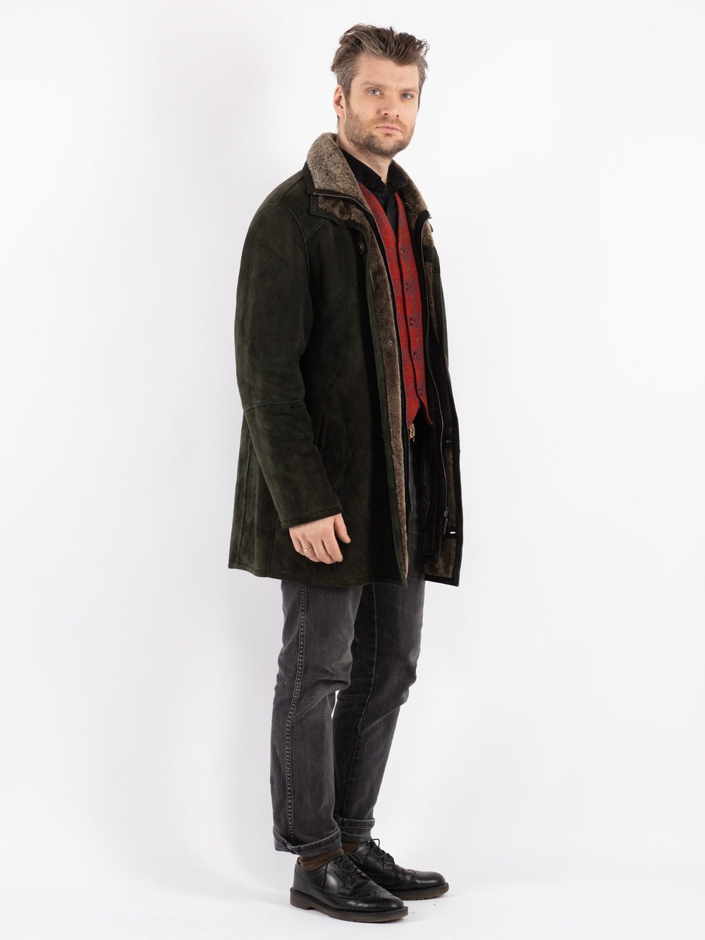 Vintage 90's Men Sheepskin Coat in Green