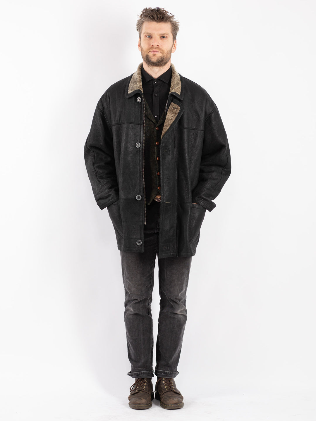 Vintage 90's Men Sheepskin Coat in Black