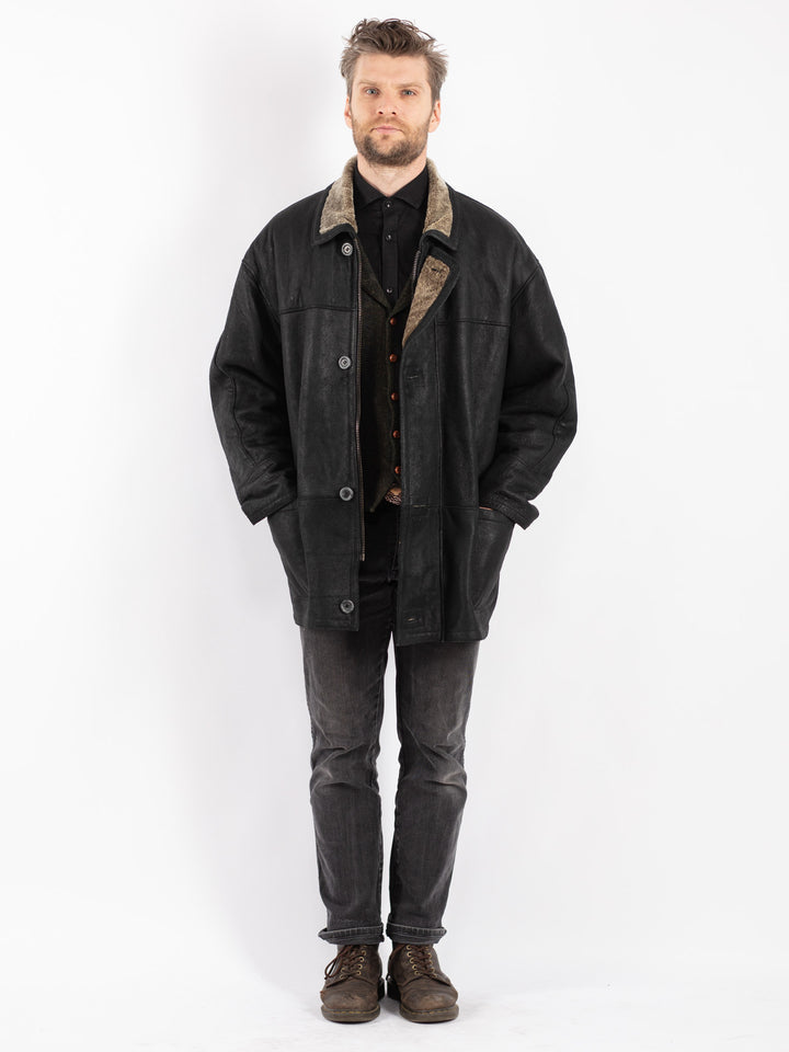 Vintage 90's Men Sheepskin Coat in Black