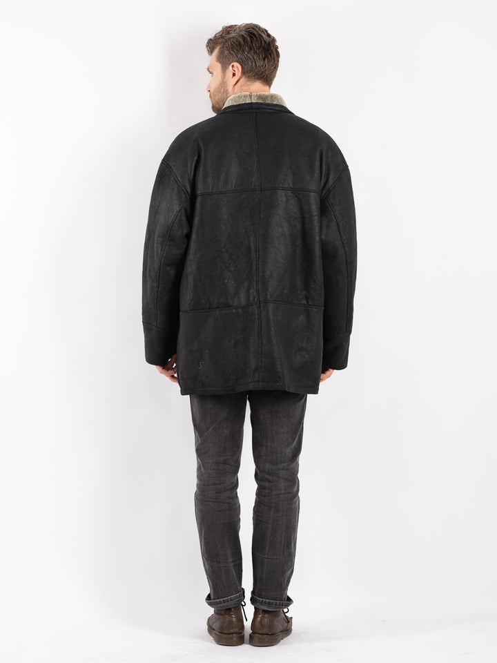 Vintage 90's Men Sheepskin Coat in Black