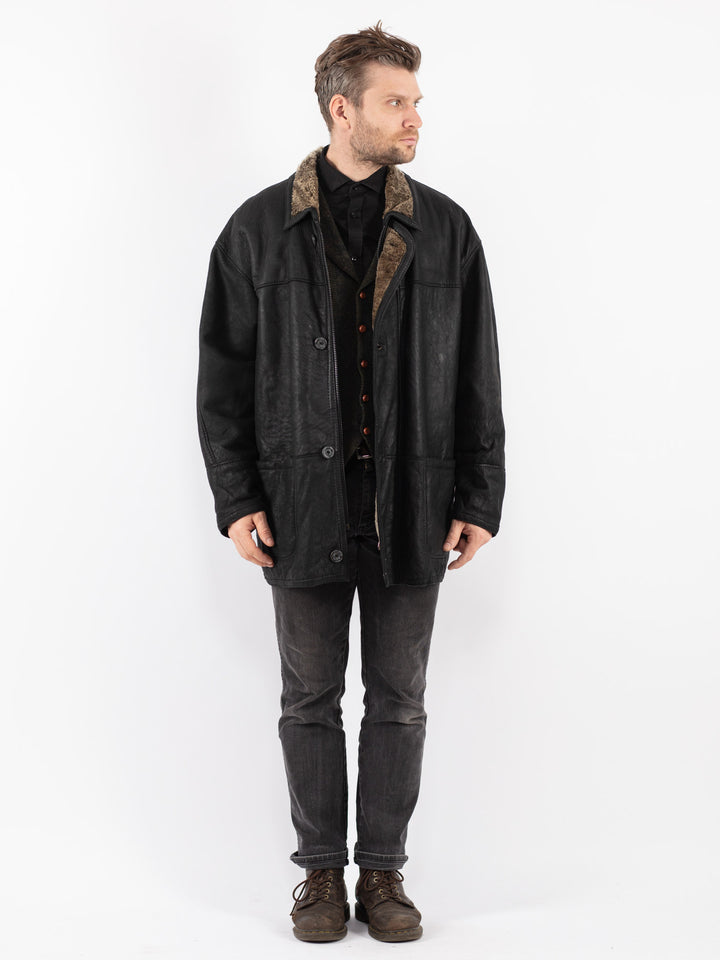 Vintage 90's Men Sheepskin Coat in Black