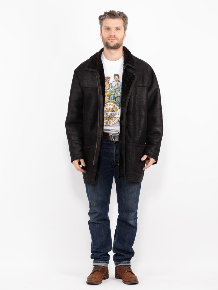 Vintage 90's Men Sheepskin Coat in Black