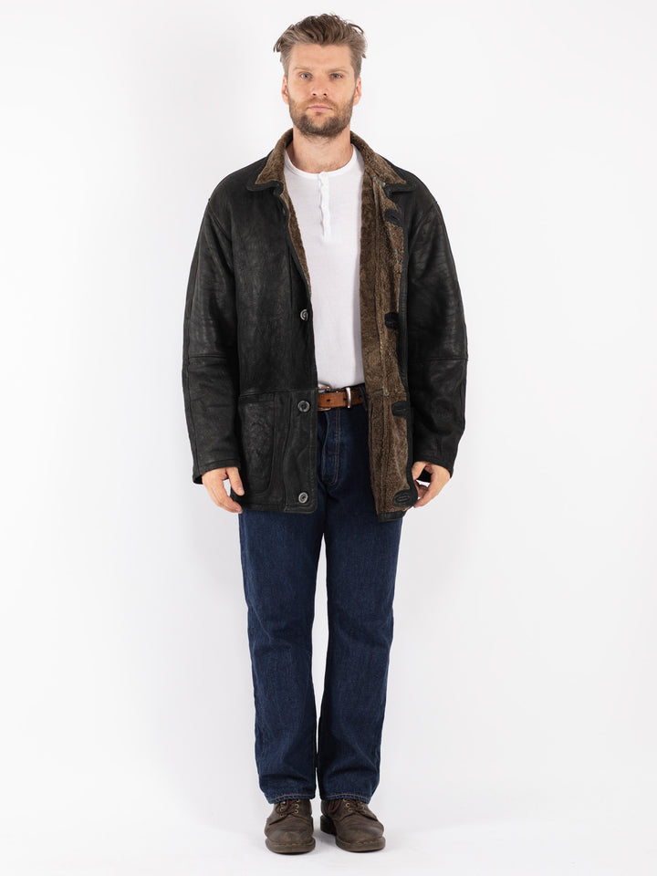 Vintage Men Sheepskin Coat in Black