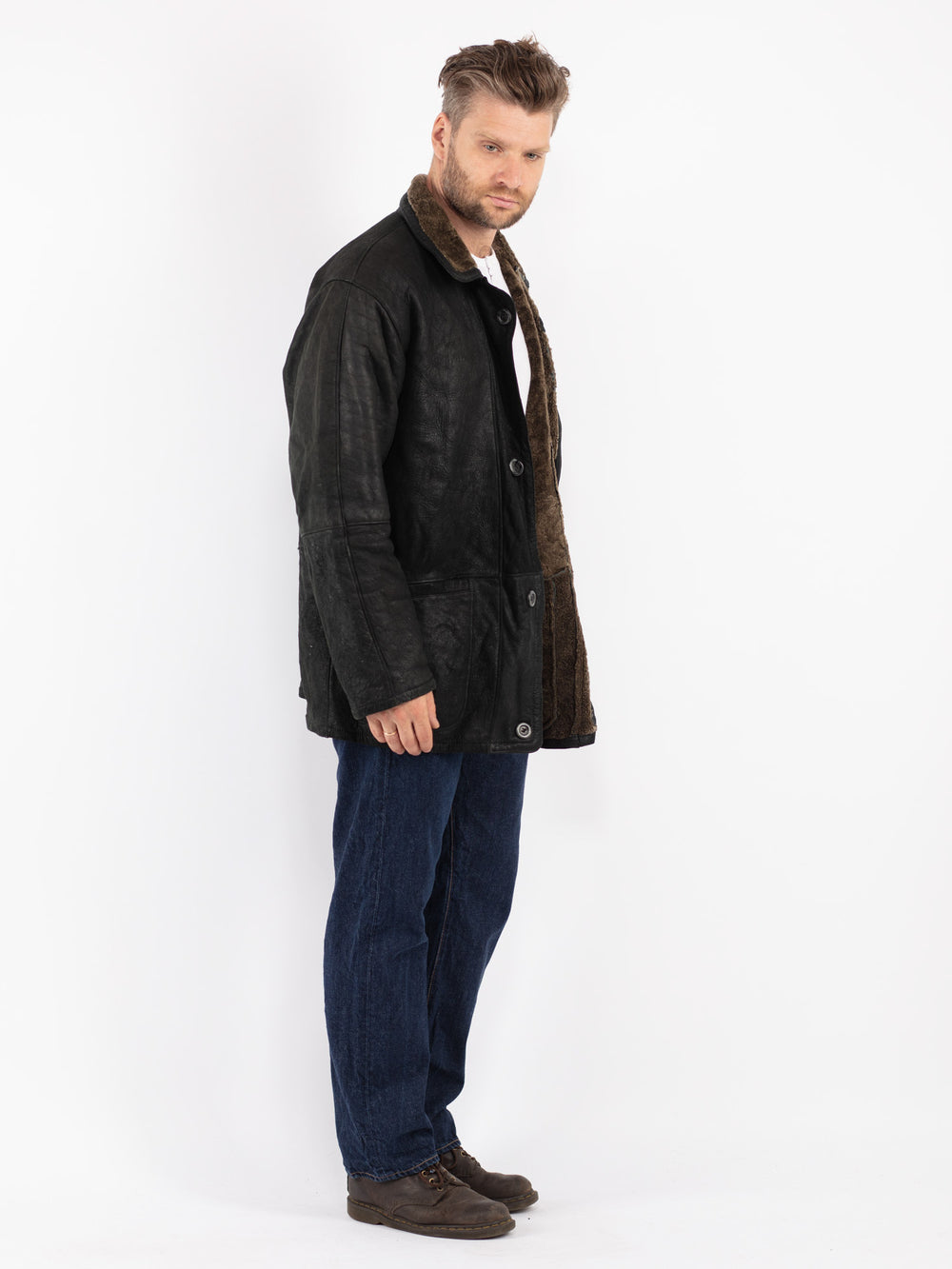 Vintage Men Sheepskin Coat in Black