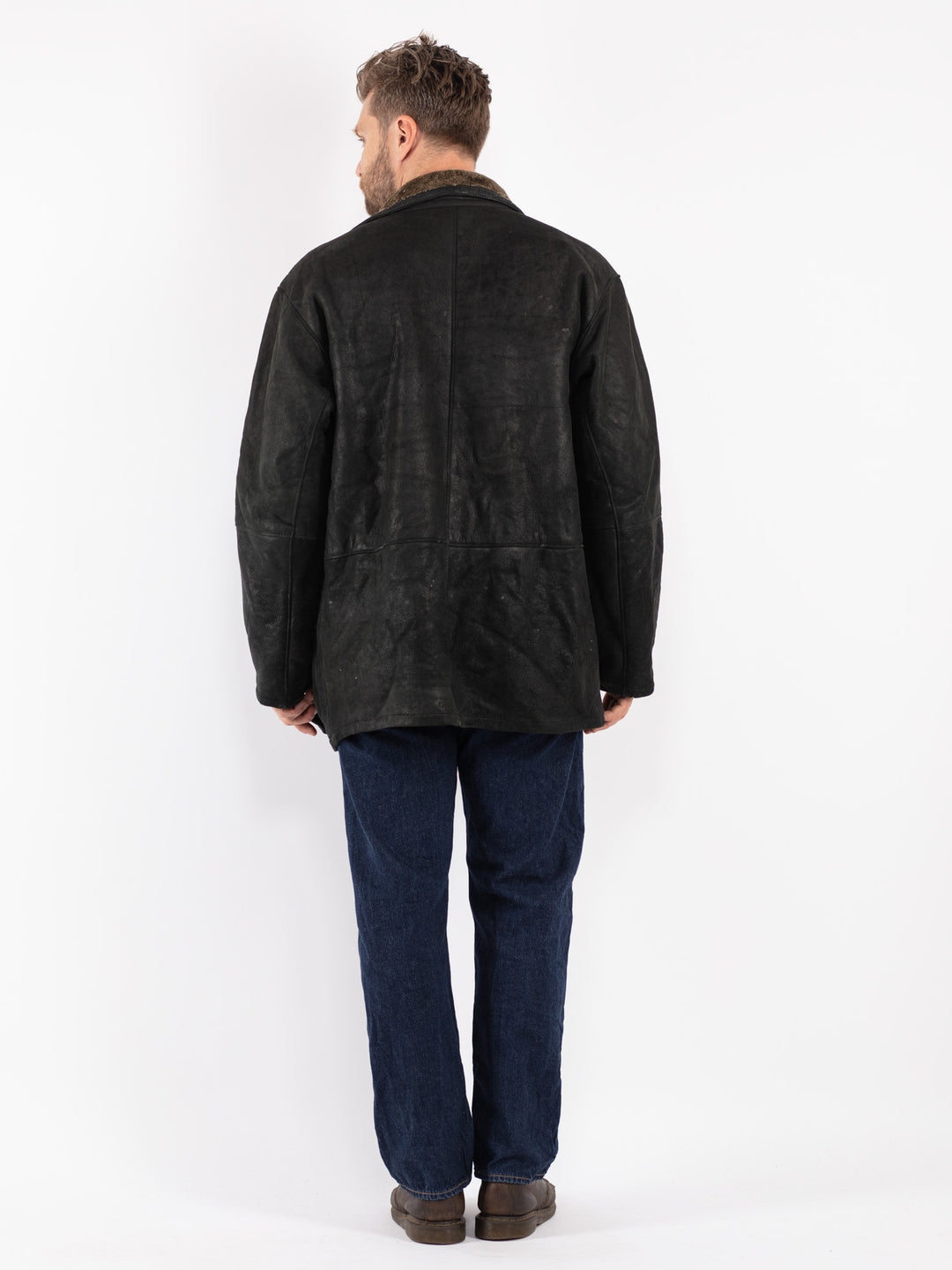 Vintage Men Sheepskin Coat in Black