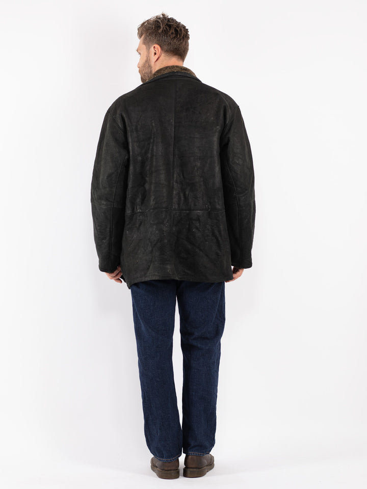 Vintage Men Sheepskin Coat in Black