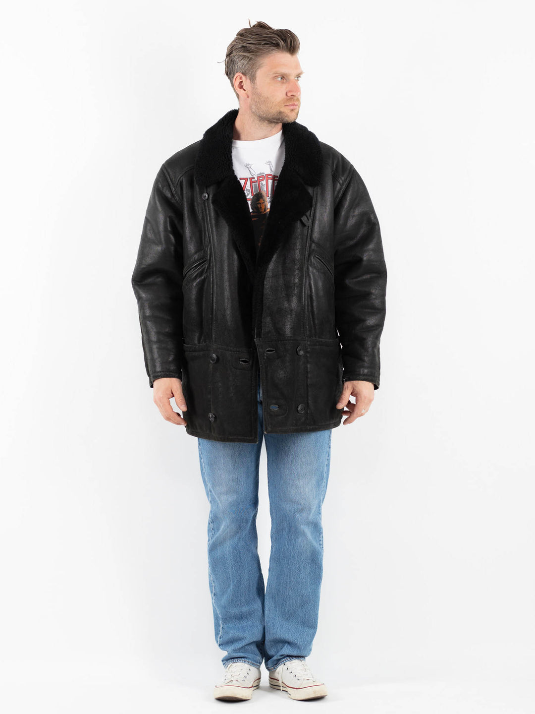 Vintage 90's Men Sheepskin Coat in BlackZ1775