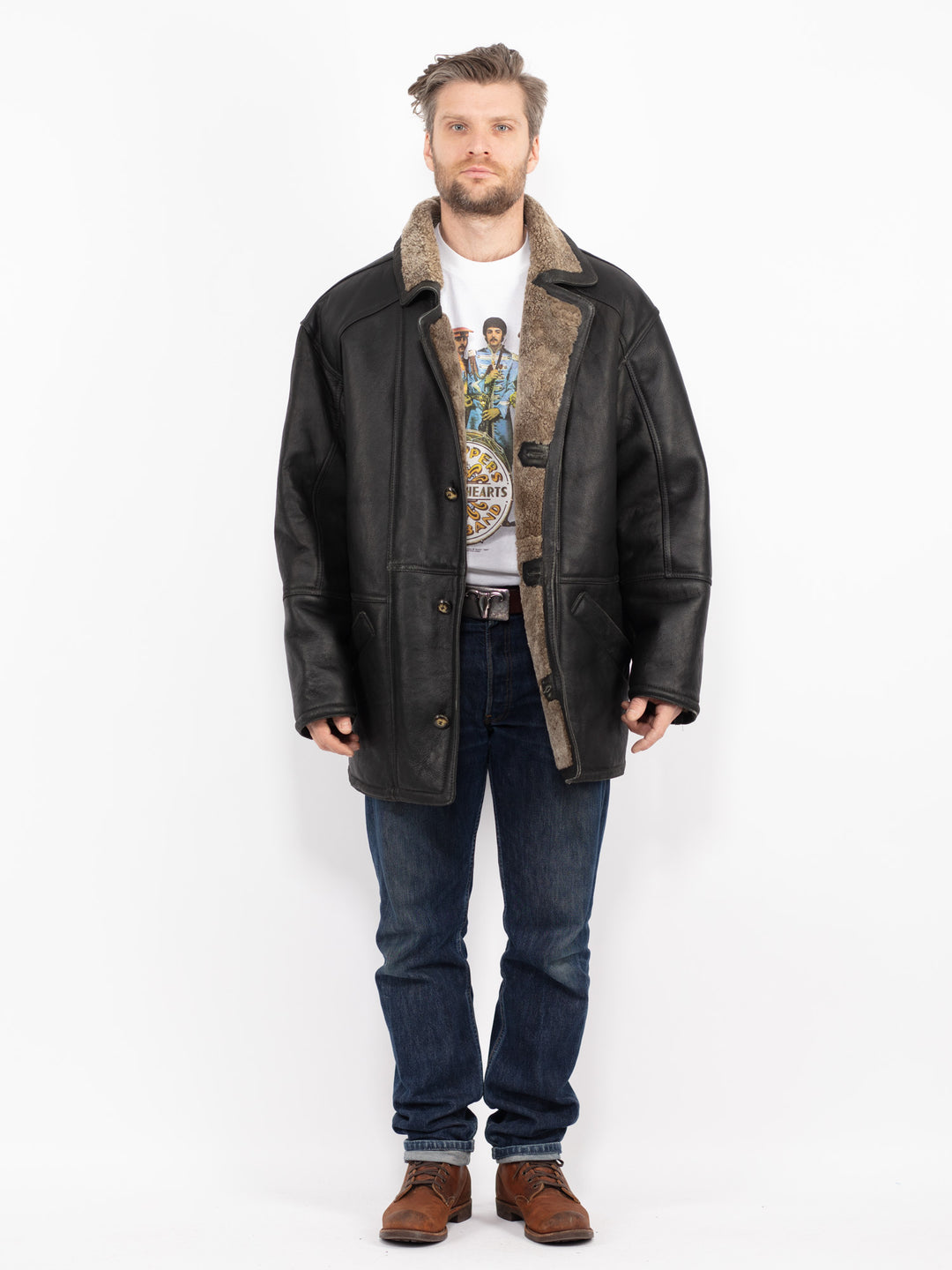 Vintage 90's Men Sheepskin Coat in BlackZ2728