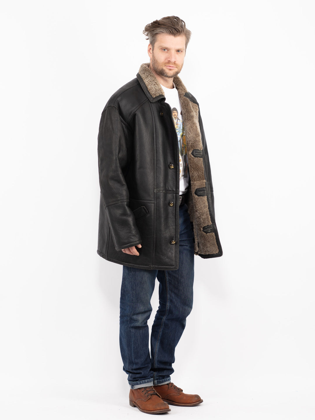 Vintage 90's Men Sheepskin Coat in BlackZ2728