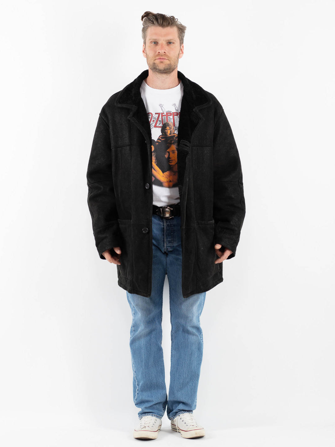 Vintage 90's Men Sheepskin Coat in BlackZ1777