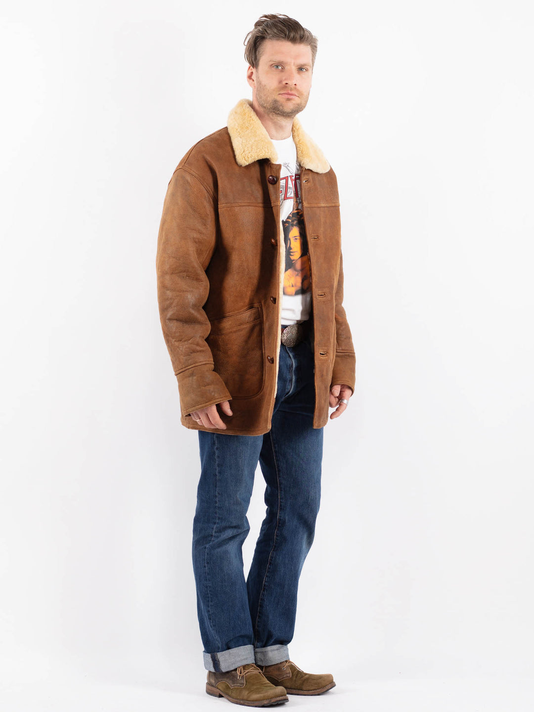 Vintage 90's Men Sheepskin Shearling Coat in BrownZ1554