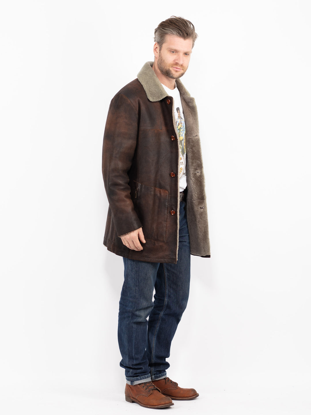 Vintage 90's Men Sheepskin Coat in BrownZ2733