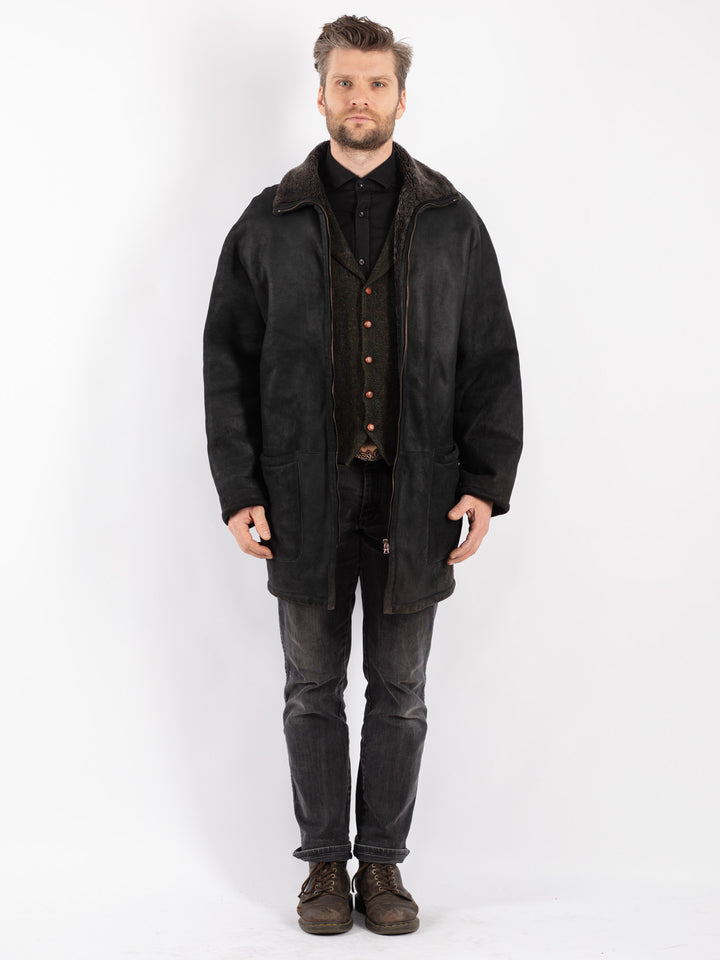 Vintage 90's Men Sheepskin Coat in Black
