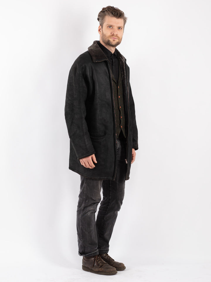 Vintage 90's Men Sheepskin Coat in Black