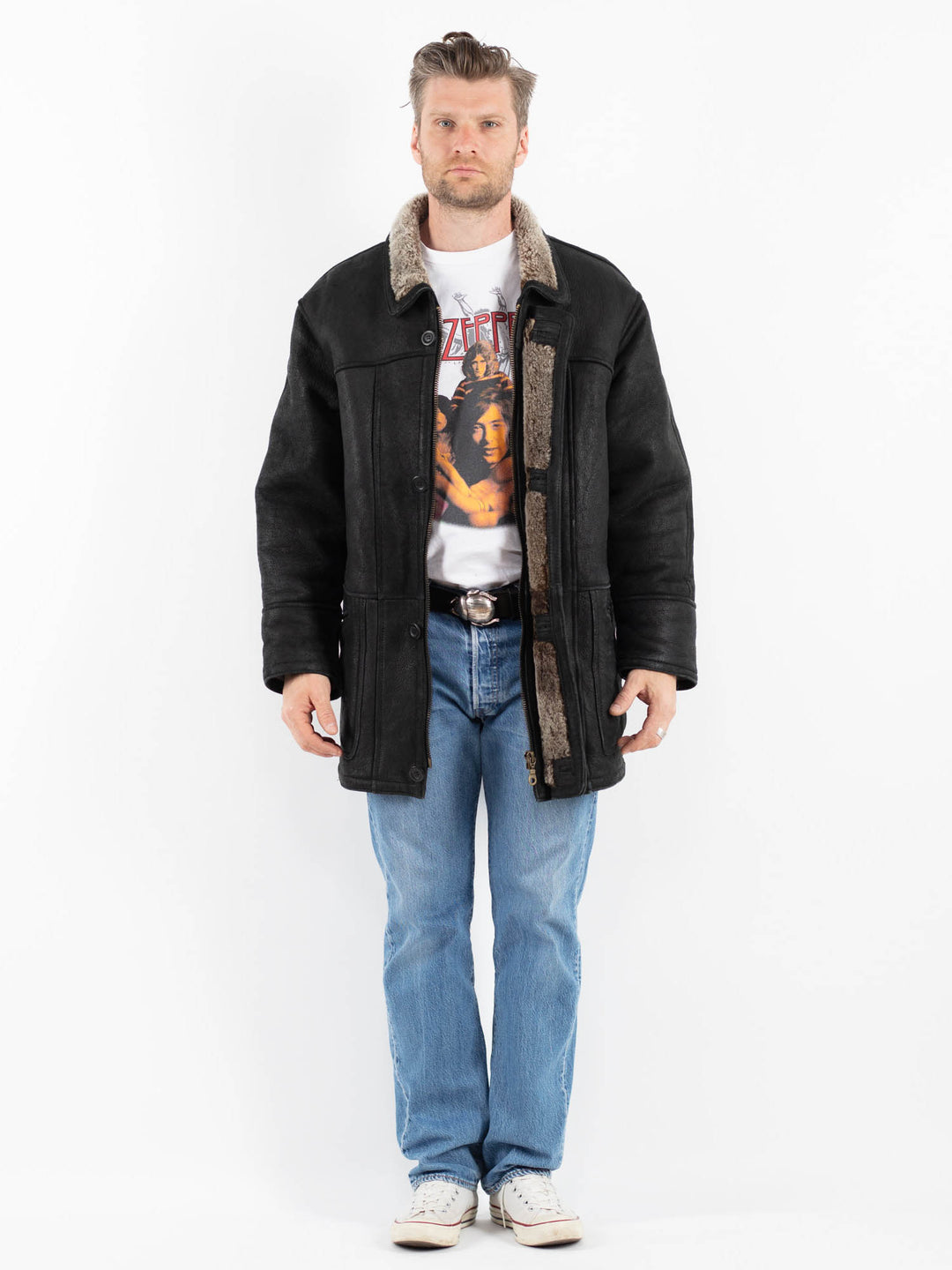 Vintage 90's Men Sheepskin Coat in BlackZ1783